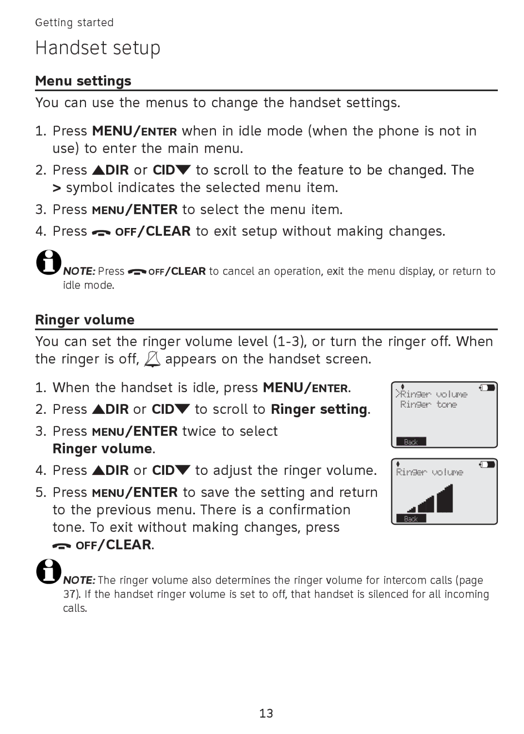 AT&T SB67108 user manual Handset setup, Menu settings, Ringer volume 