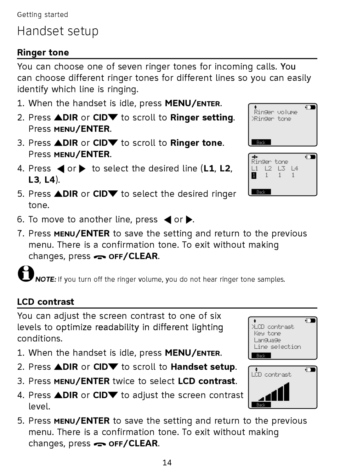 AT&T SB67108 user manual Ringer tone, LCD contrast, Levels to optimize readability in different lighting, DIR or CID 