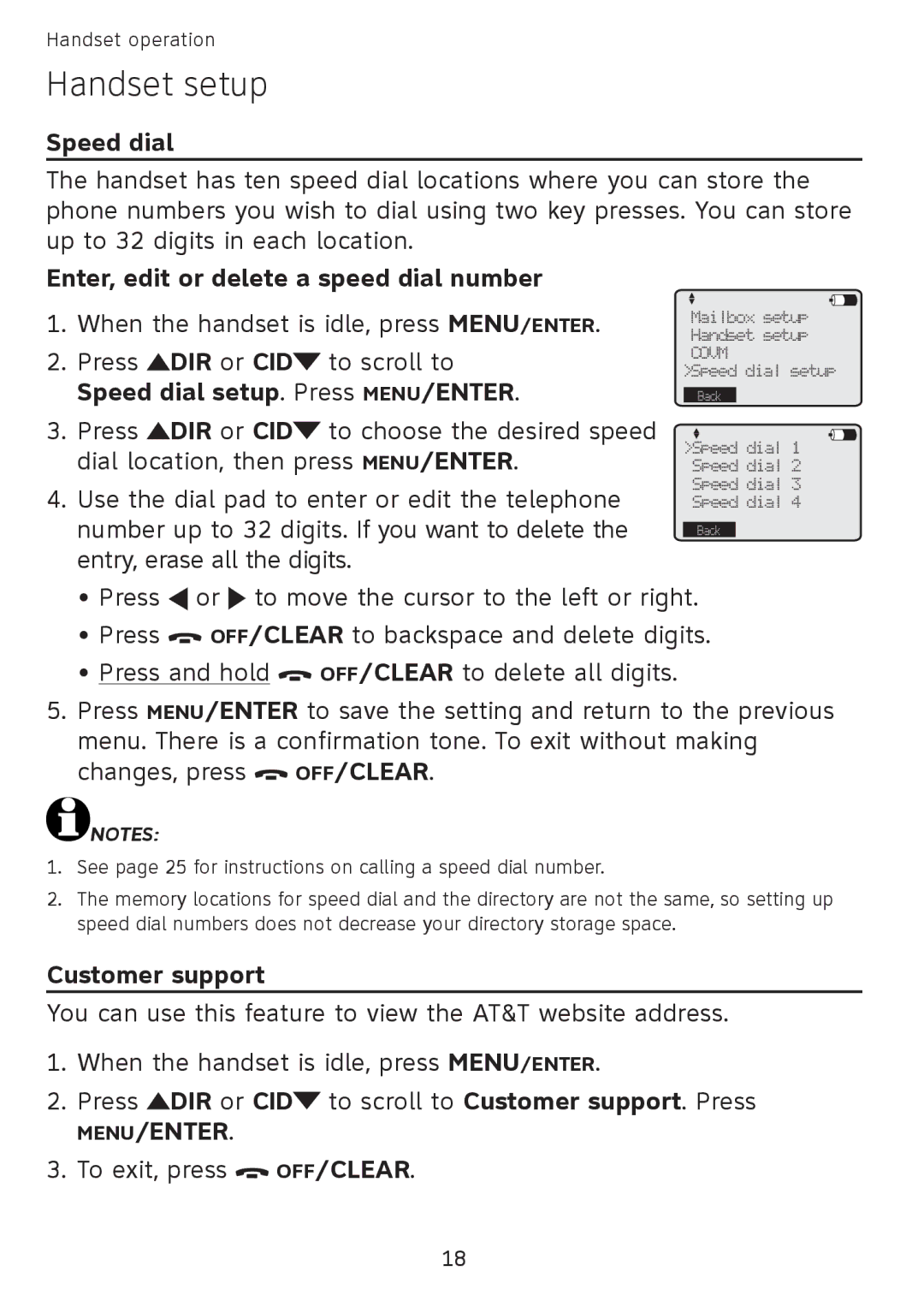 AT&T SB67108 user manual Speed dial, Enter, edit or delete a speed dial number, Customer support 