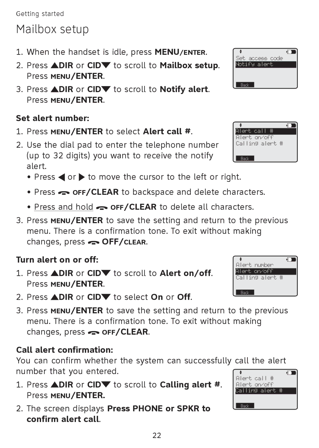 AT&T SB67108 Set alert number Press MENU/ENTER to select Alert call #, Turn alert on or off, Call alert confirmation 