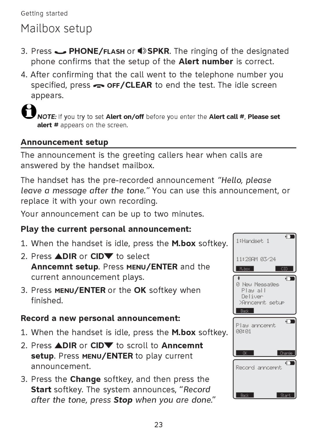 AT&T SB67108 user manual Announcement setup, Play the current personal announcement, Anncemnt setup. Press MENU/ENTER 