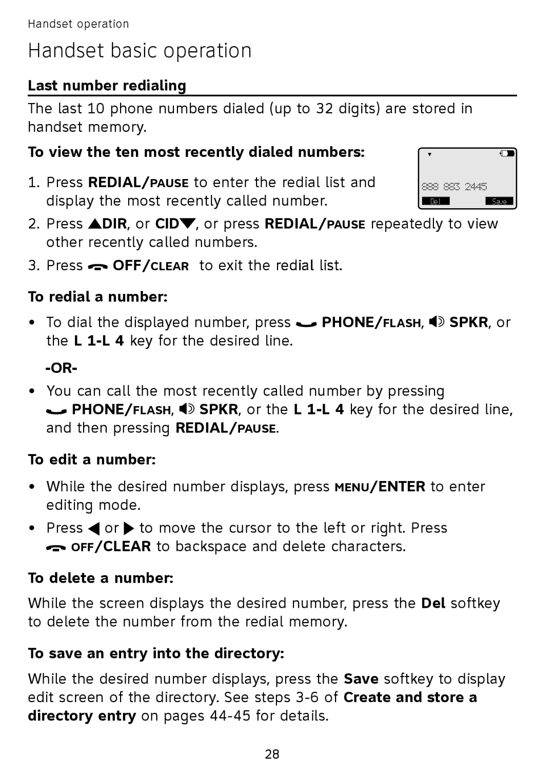 AT&T SB67108 Last number redialing, To view the ten most recently dialed numbers, To redial a number, To edit a number 