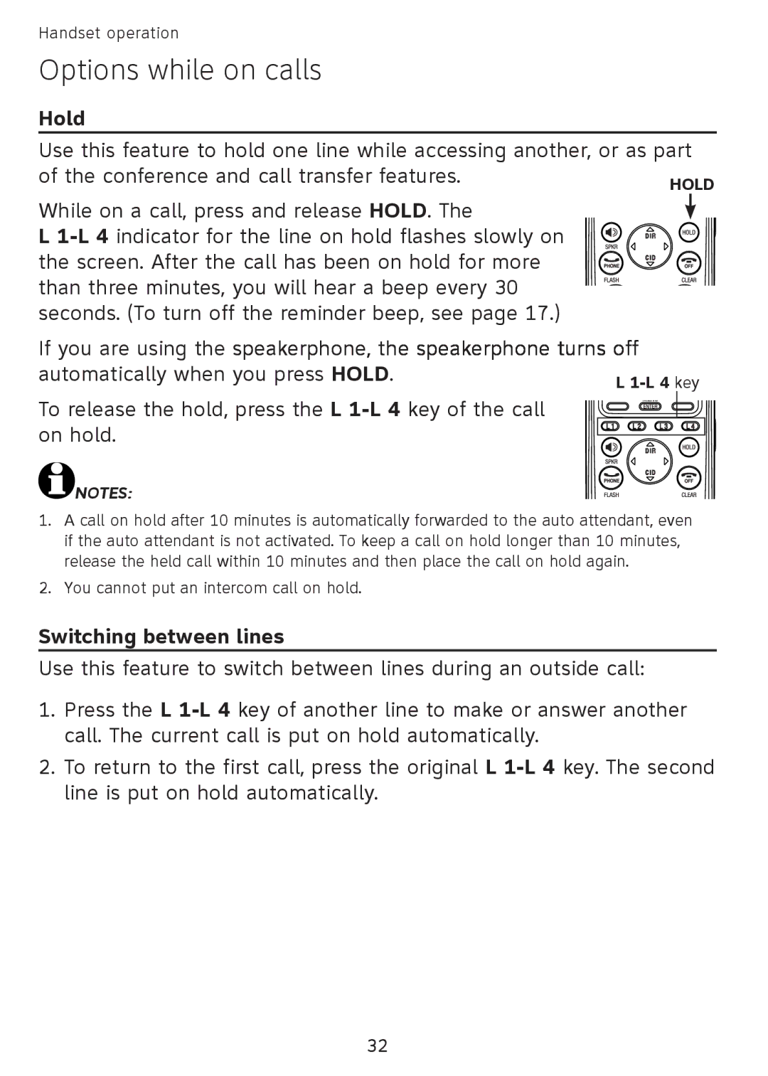 AT&T SB67108 user manual Hold, Conference and call transfer features, Switching between lines 