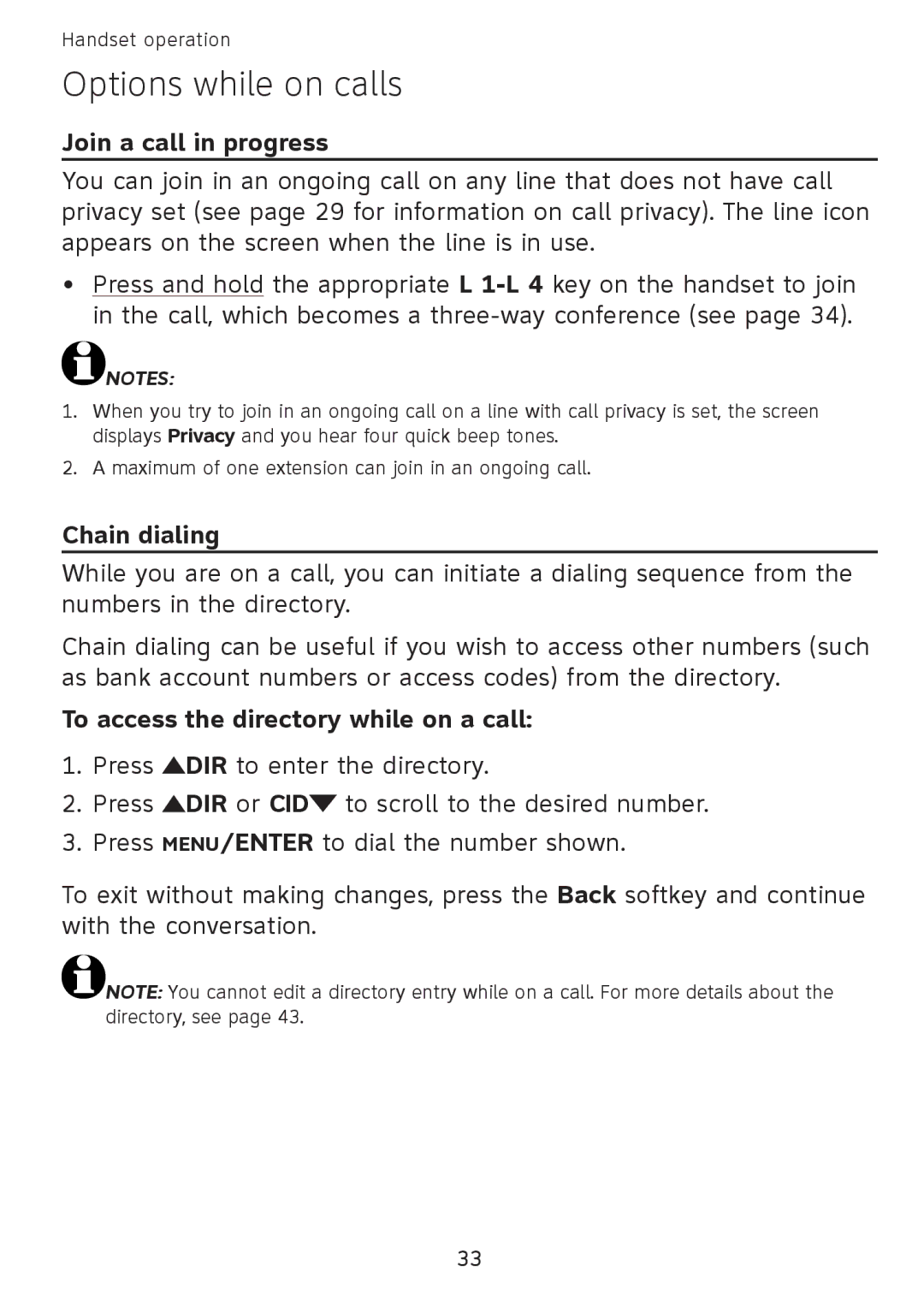 AT&T SB67108 user manual Join a call in progress, Chain dialing, To access the directory while on a call 