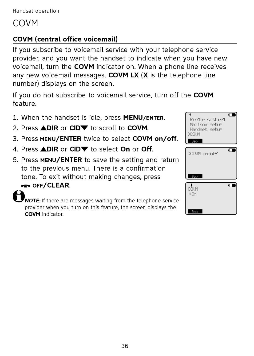 AT&T SB67108 user manual Covm on/off 