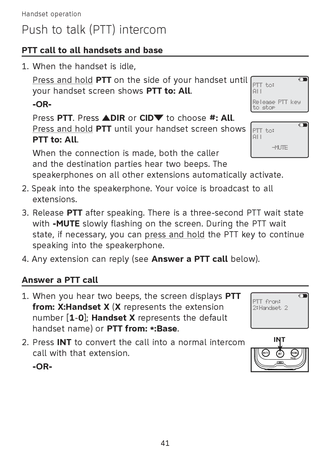 AT&T SB67108 PTT call to all handsets and base, Press and hold PTT on the side of your handset until, PTT to All 