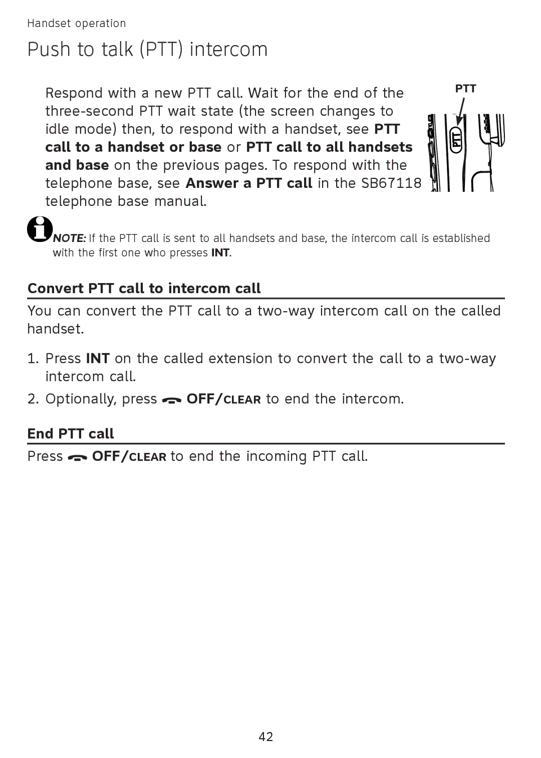 AT&T SB67108 Call to a handset or base or PTT call to all handsets, Convert PTT call to intercom call, End PTT call 