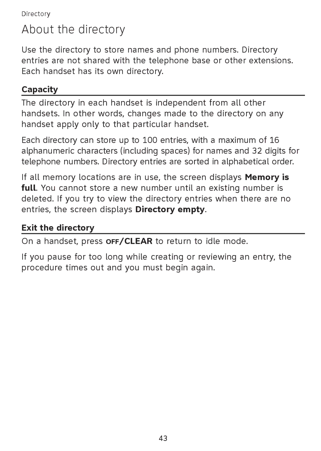 AT&T SB67108 user manual About the directory, Capacity, Exit the directory 