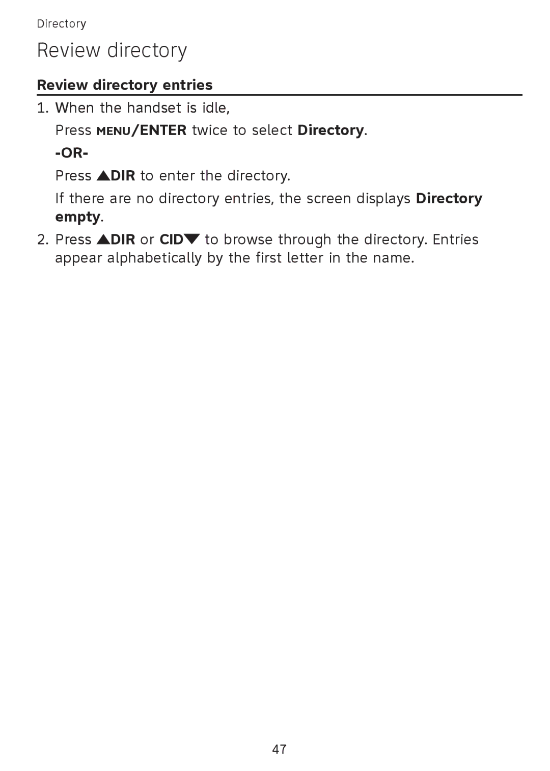 AT&T SB67108 user manual Review directory entries When the handset is idle 