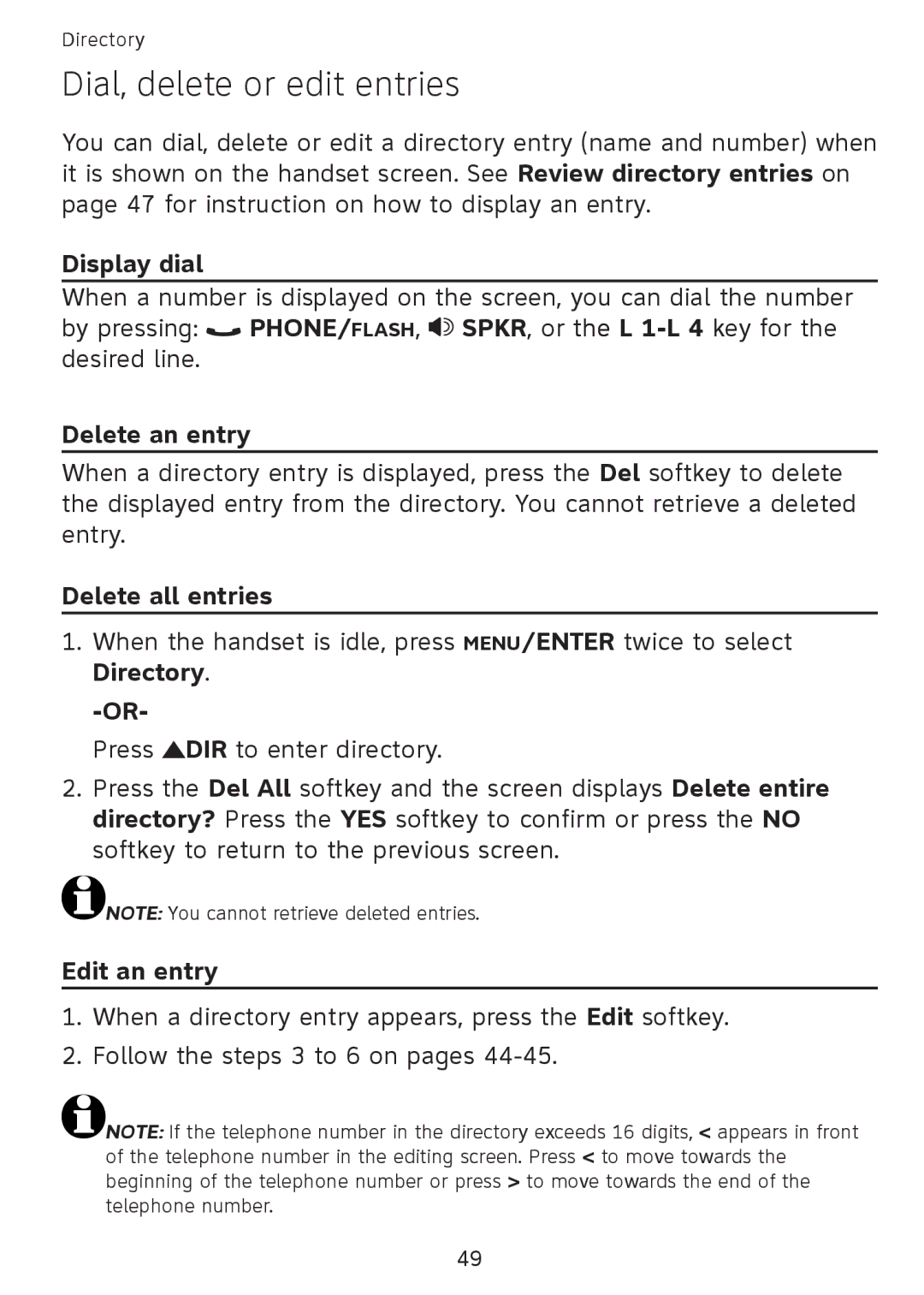 AT&T SB67108 user manual Dial, delete or edit entries, Display dial, Delete an entry, Delete all entries, Edit an entry 