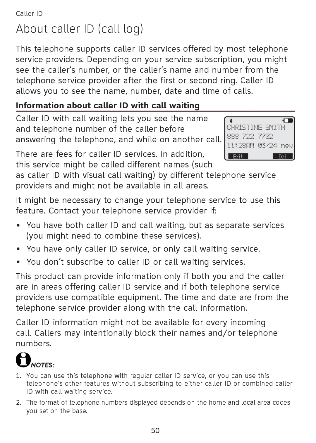 AT&T SB67108 user manual About caller ID call log, Information about caller ID with call waiting 