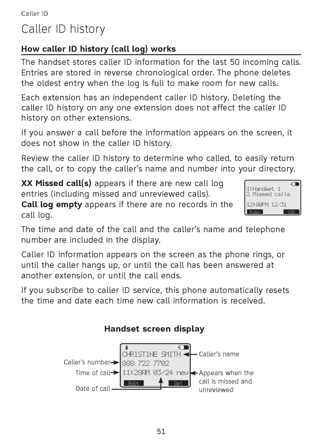 AT&T SB67108 user manual Caller ID history, How caller ID history call log works, Handset screen display 