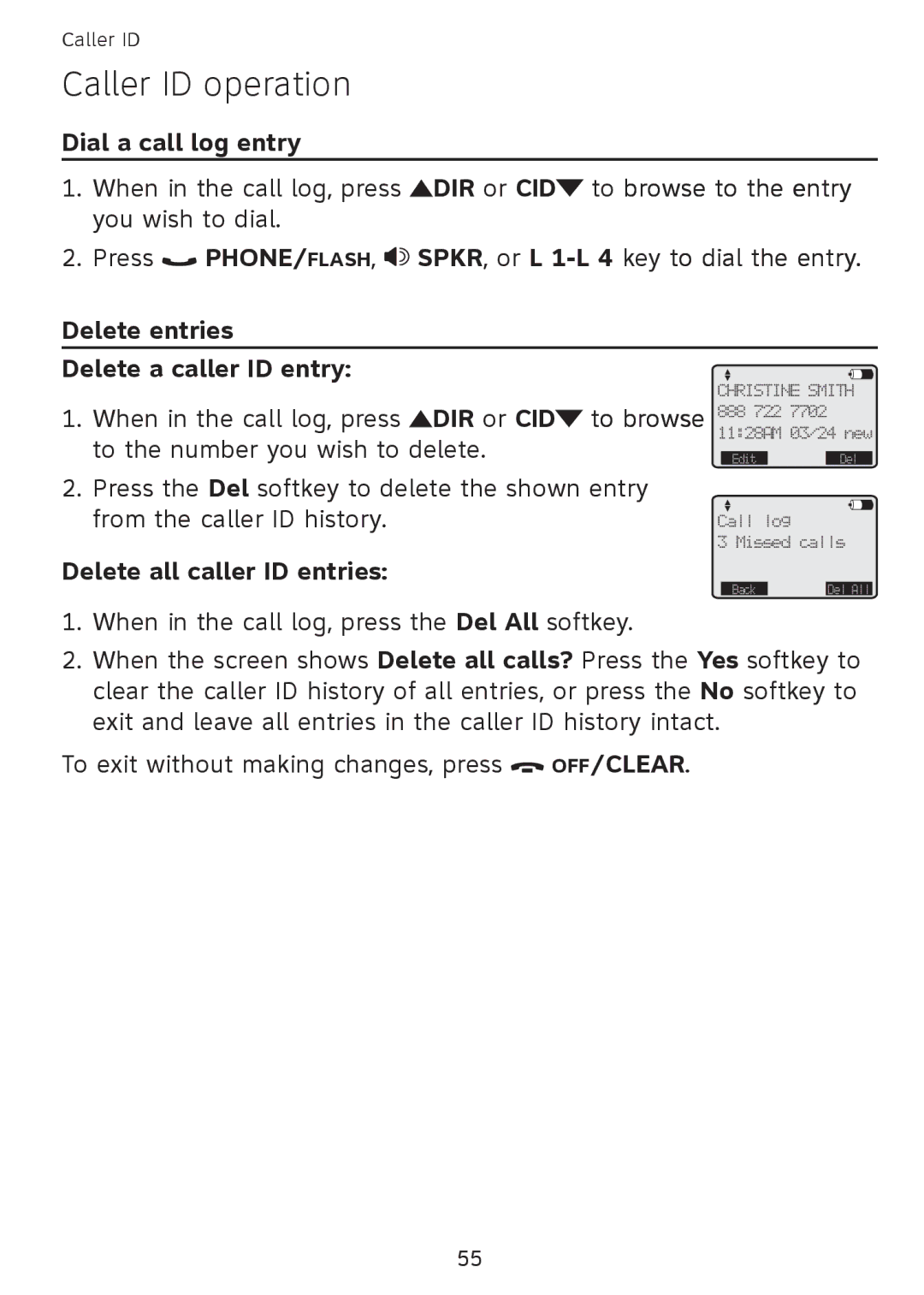 AT&T SB67108 user manual Dial a call log entry, Delete all caller ID entries 