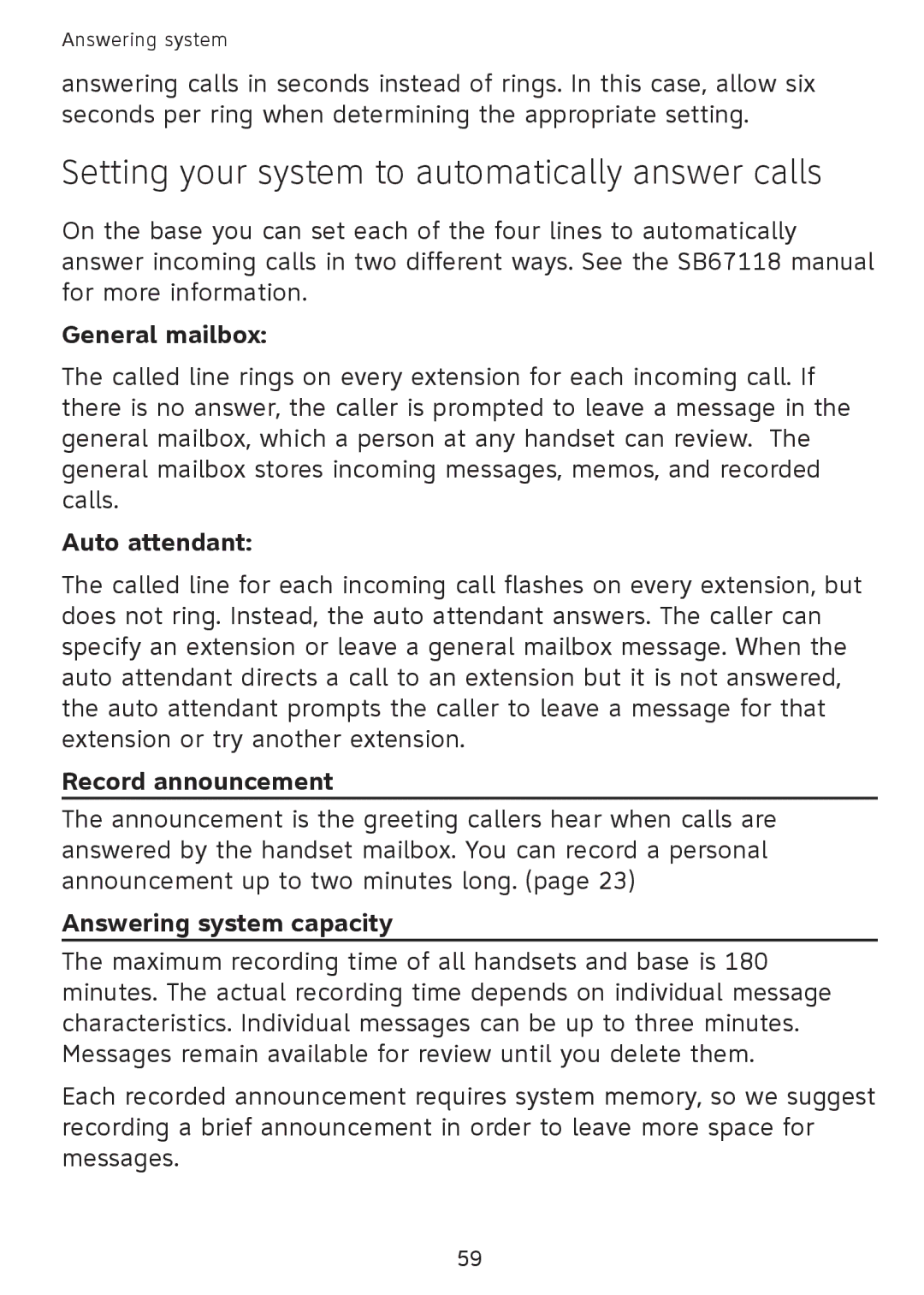 AT&T SB67108 Setting your system to automatically answer calls, General mailbox, Auto attendant, Record announcement 