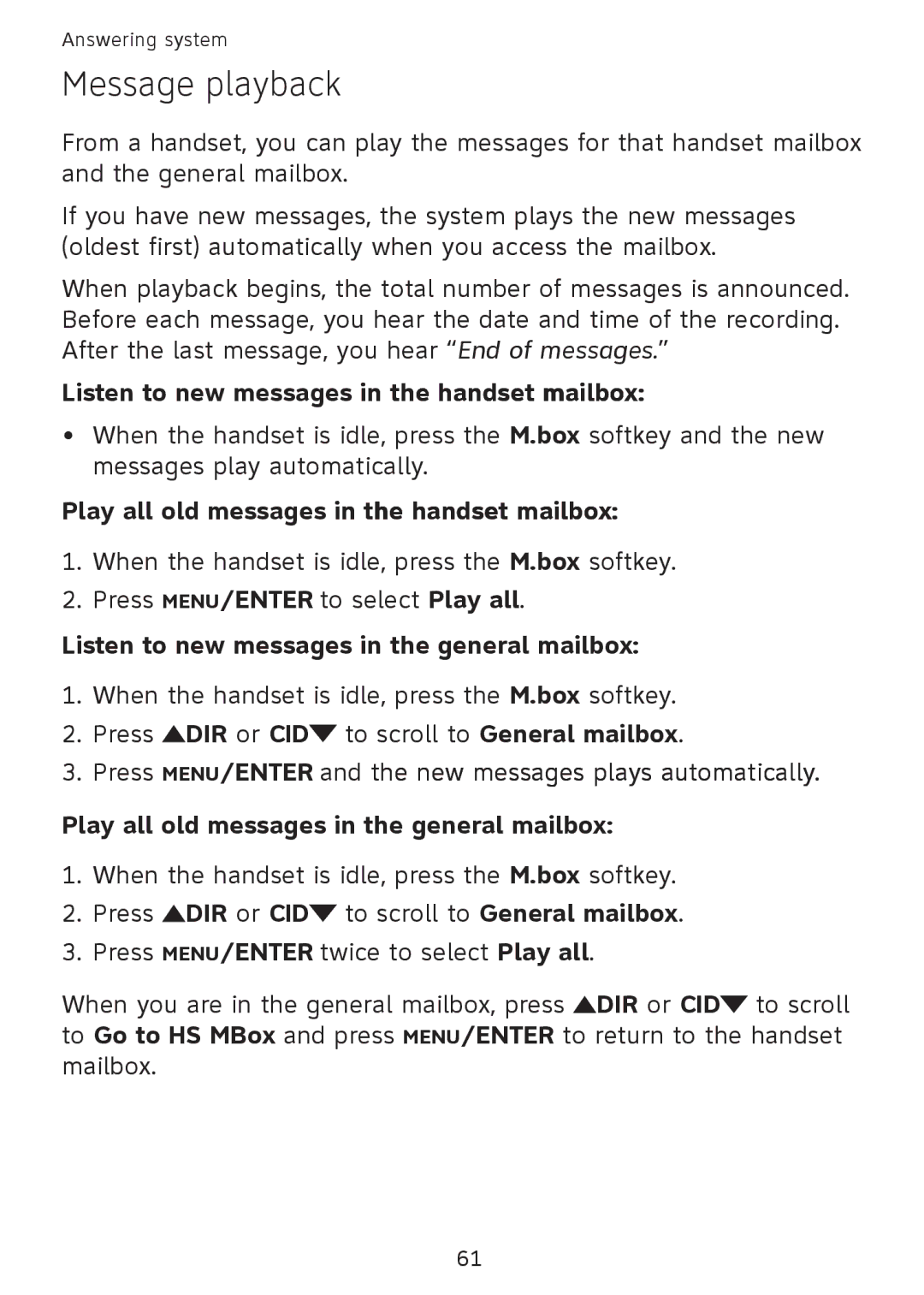 AT&T SB67108 Message playback, Listen to new messages in the handset mailbox, Play all old messages in the handset mailbox 