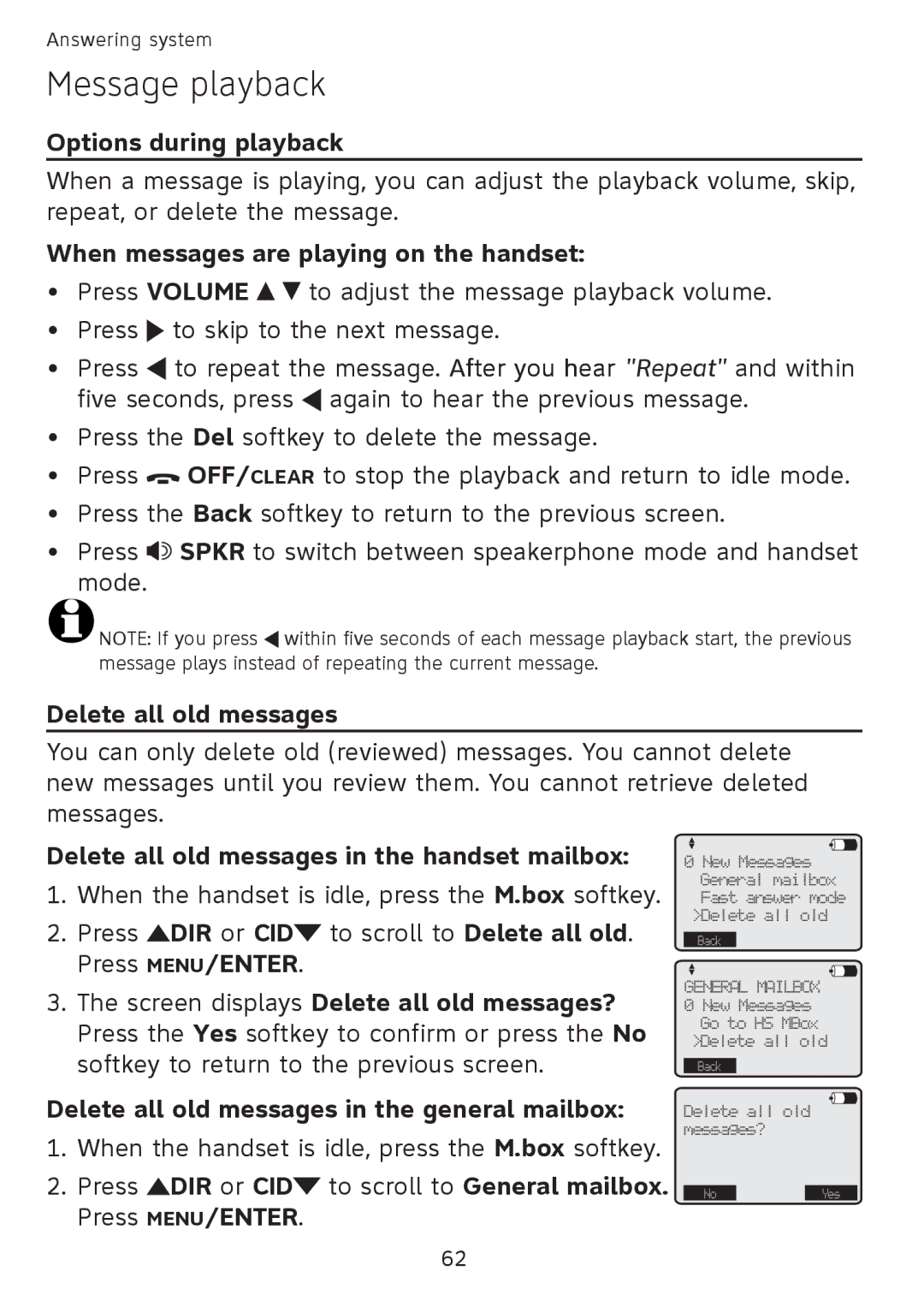 AT&T SB67108 user manual Options during playback, When messages are playing on the handset, Delete all old messages 