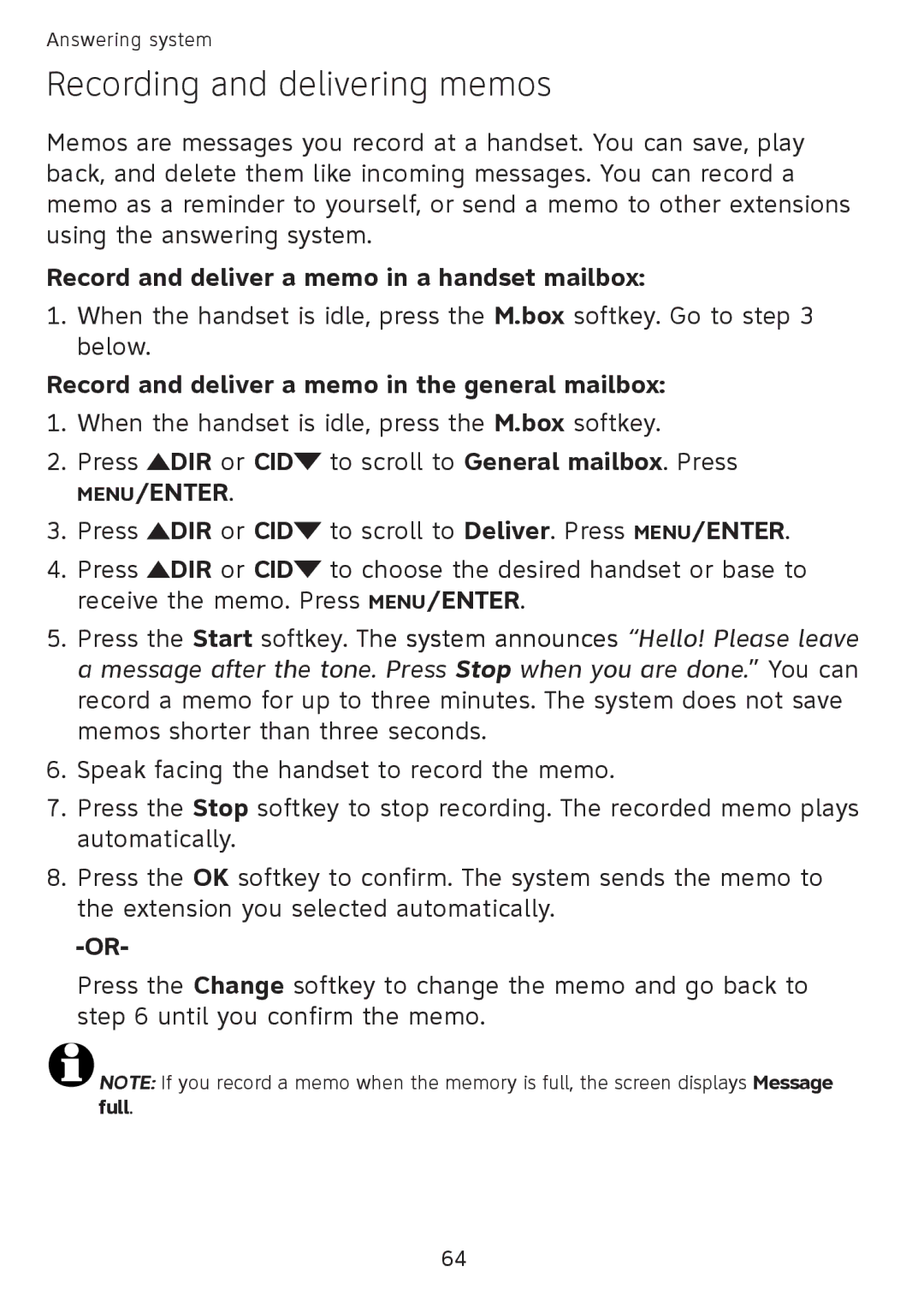 AT&T SB67108 user manual Recording and delivering memos, Record and deliver a memo in a handset mailbox 