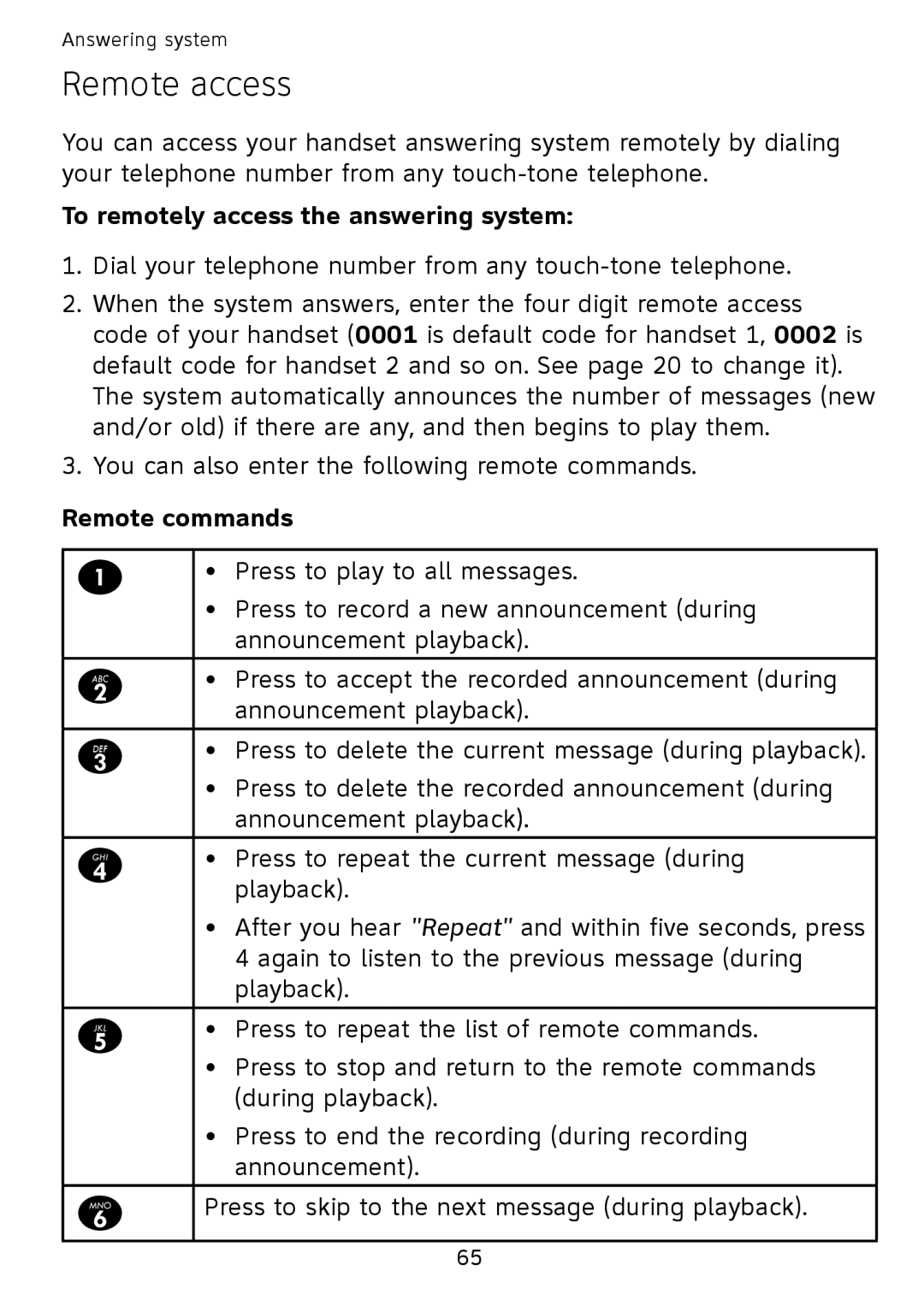 AT&T SB67108 user manual Remote access, To remotely access the answering system, Remote commands 