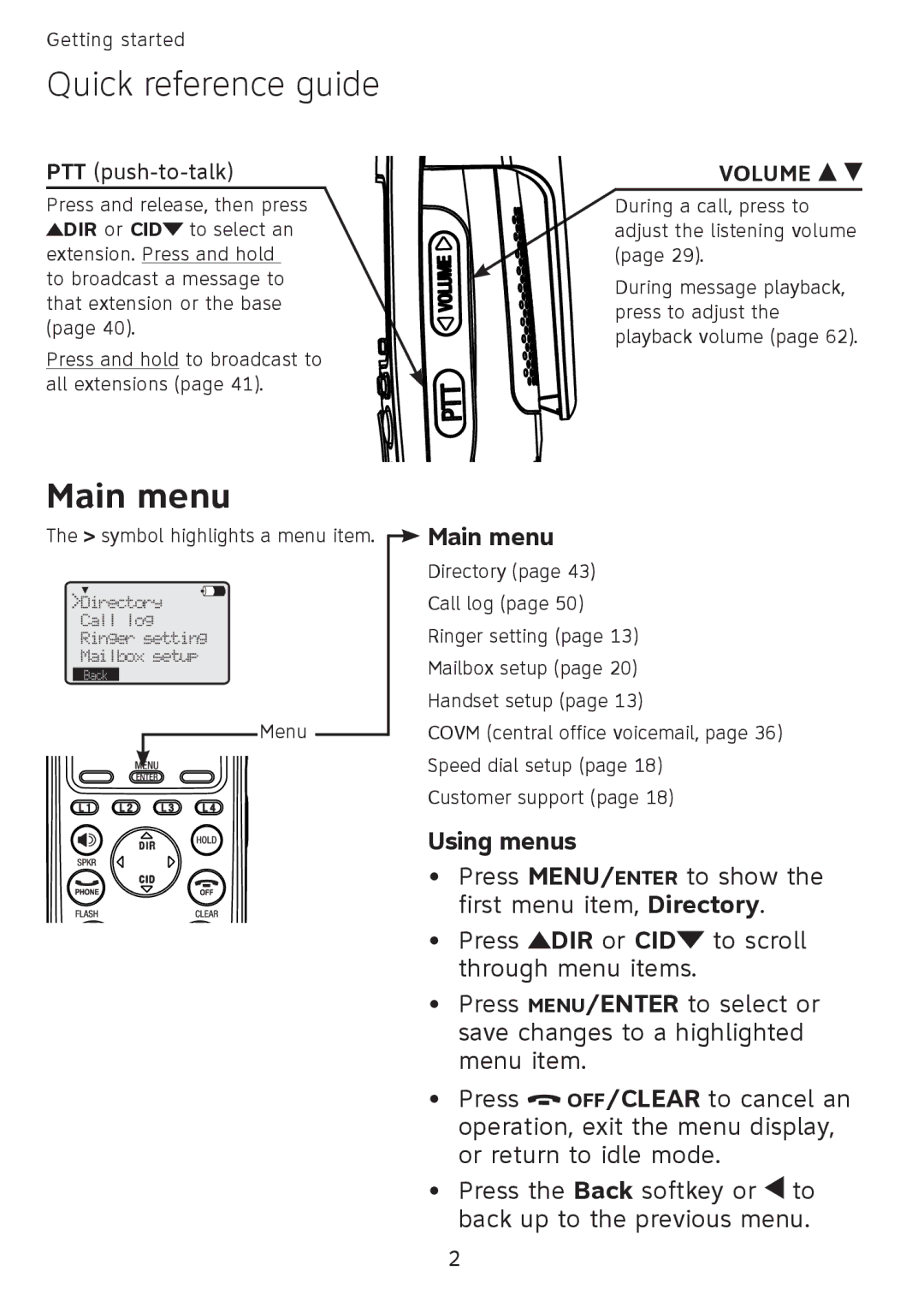 AT&T SB67108 user manual Main menu, Using menus 