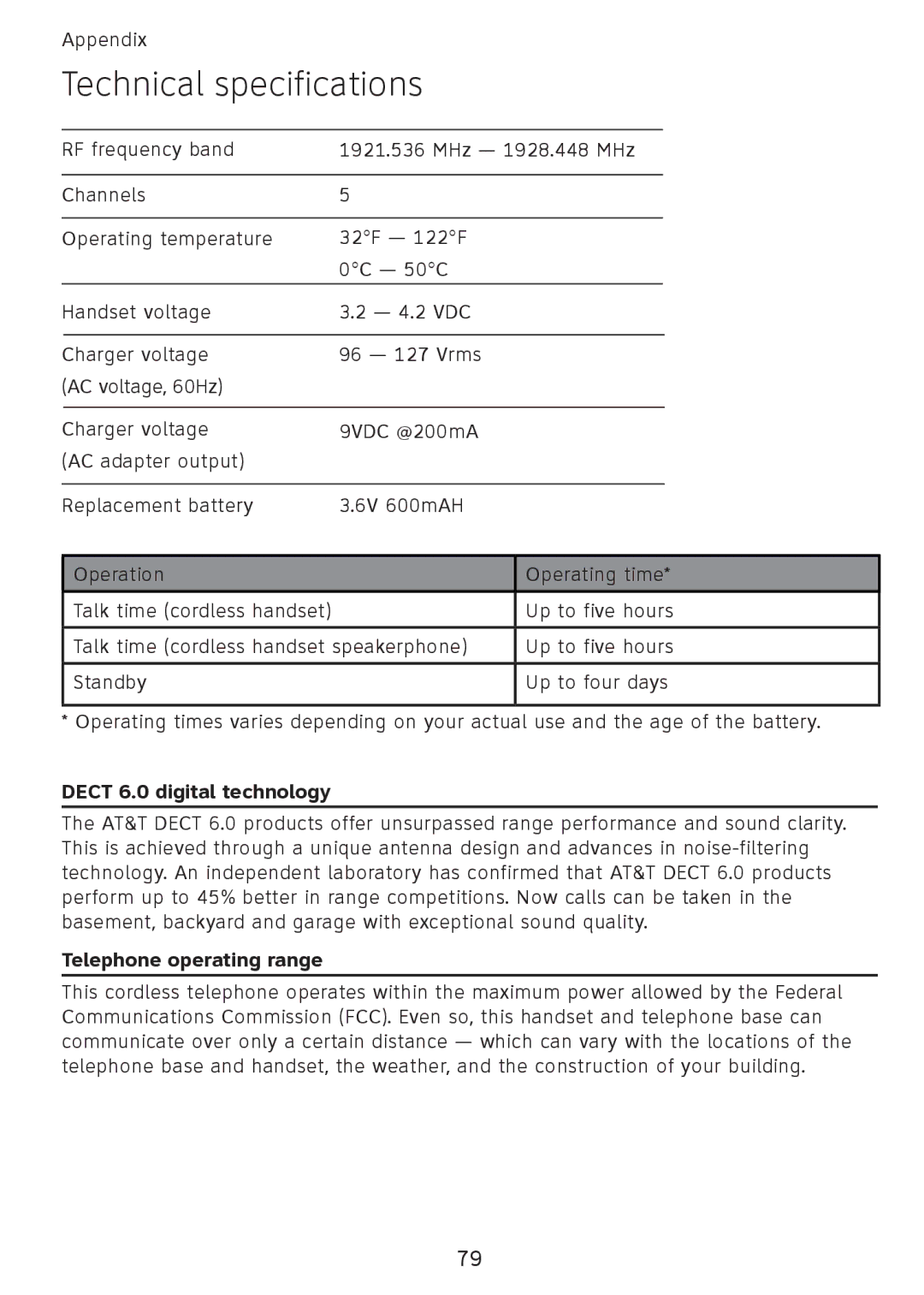 AT&T SB67108 user manual Technical specifications, Dect 6.0 digital technology 