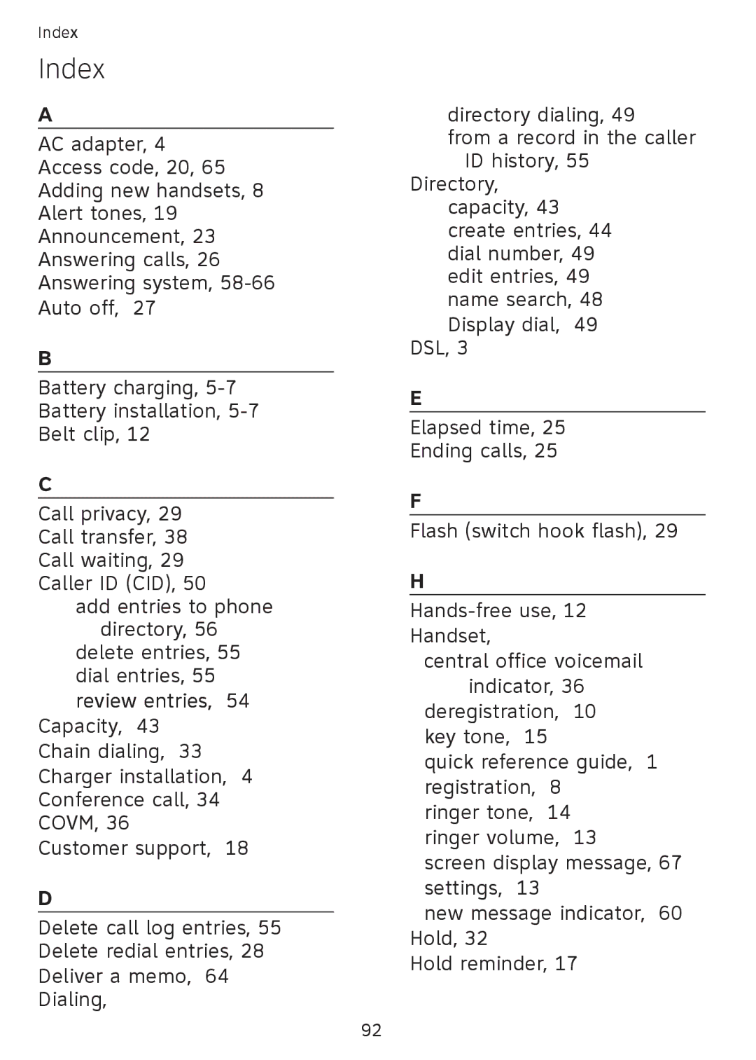 AT&T SB67108 user manual Index, Review entries 