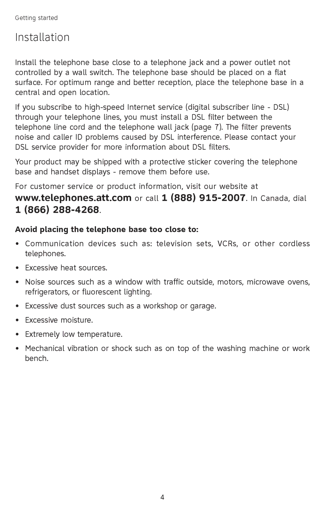 AT&T SB67118 user manual Installation, Avoid placing the telephone base too close to 