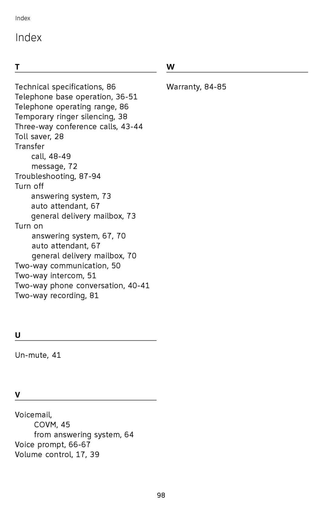 AT&T SB67118 user manual Index 