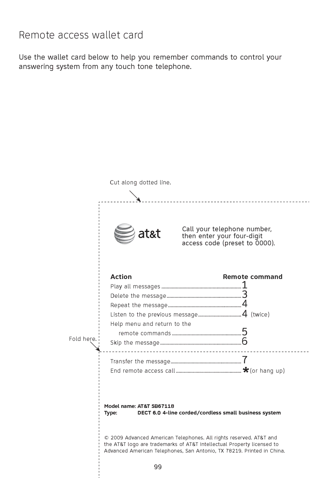 AT&T SB67118 user manual Remote access wallet card, Action Remote command 