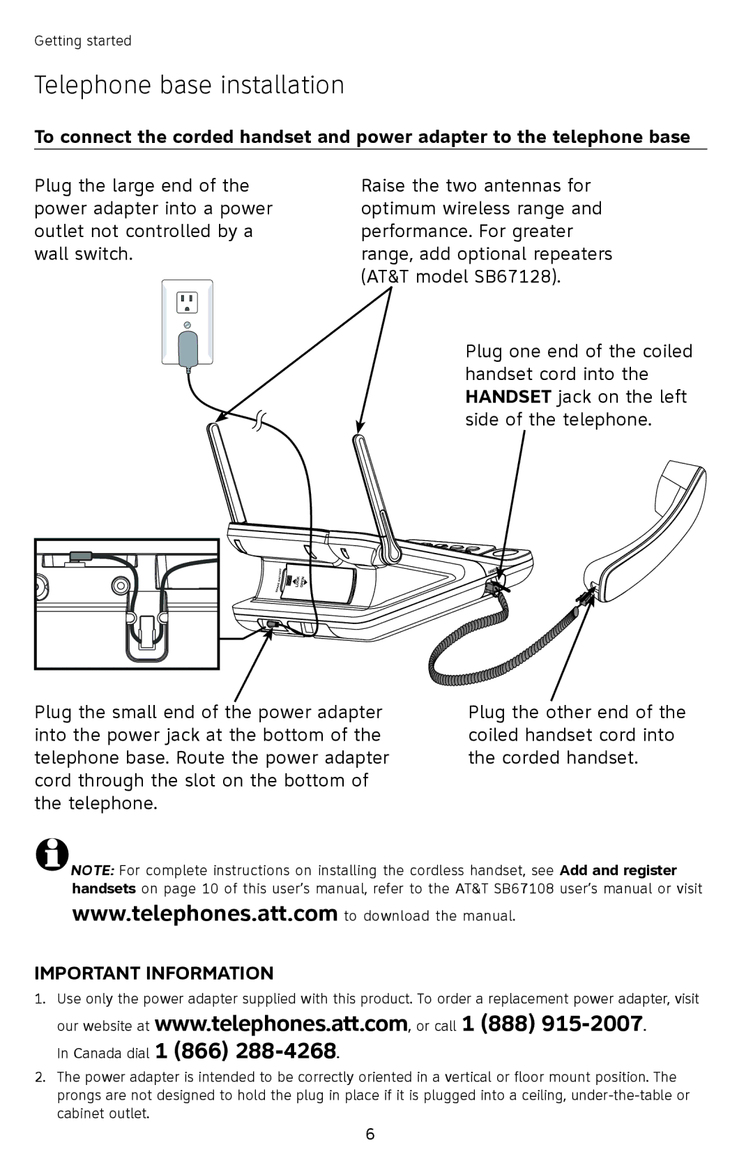 AT&T SB67118 user manual Telephone base installation 