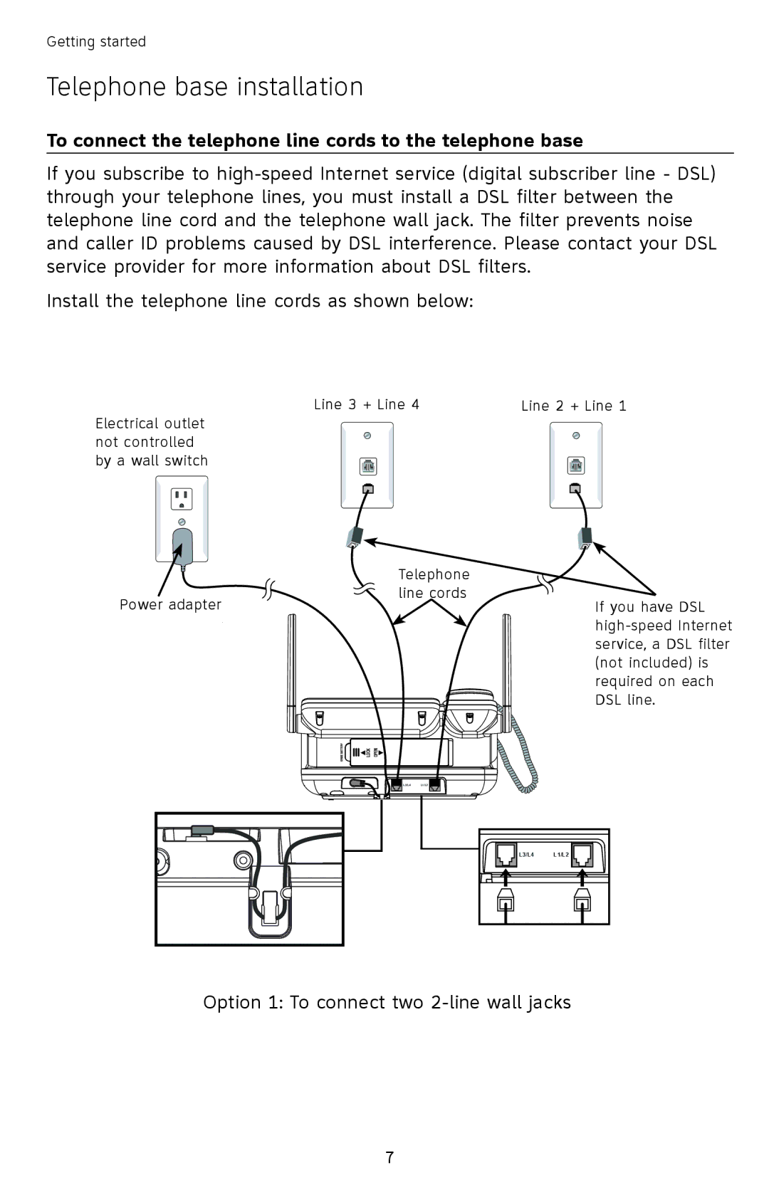 AT&T SB67118 user manual To connect the telephone line cords to the telephone base 