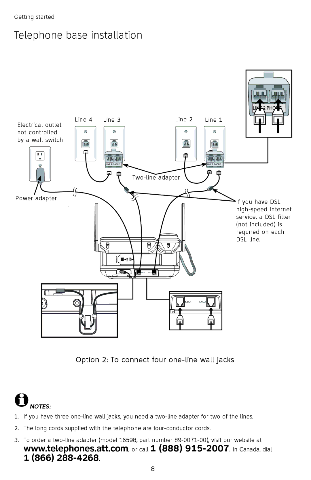 AT&T SB67118 user manual Option 2 To connect four one-line wall jacks 