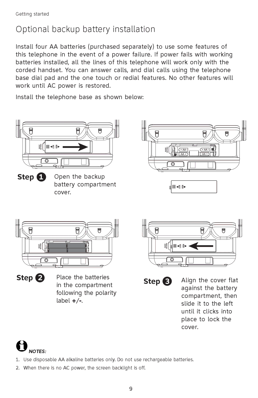 AT&T SB67118 user manual Optional backup battery installation 