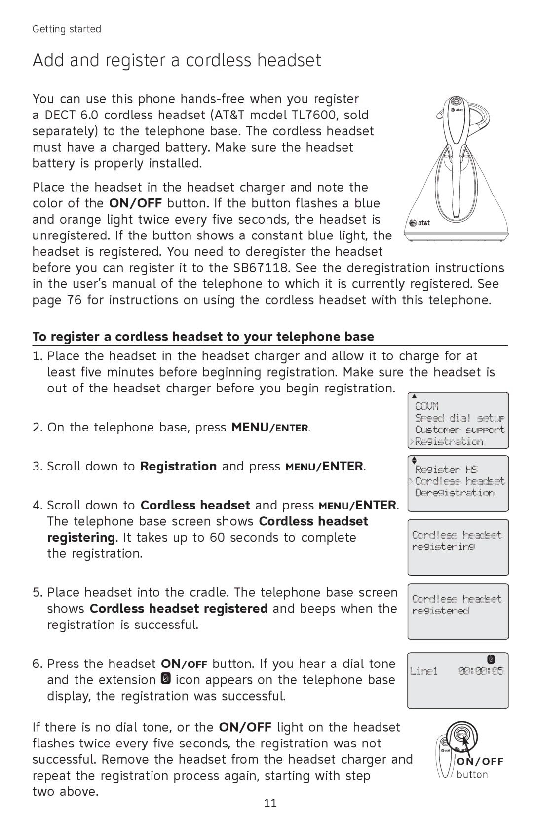 AT&T SB67118 user manual Add and register a cordless headset, To register a cordless headset to your telephone base 