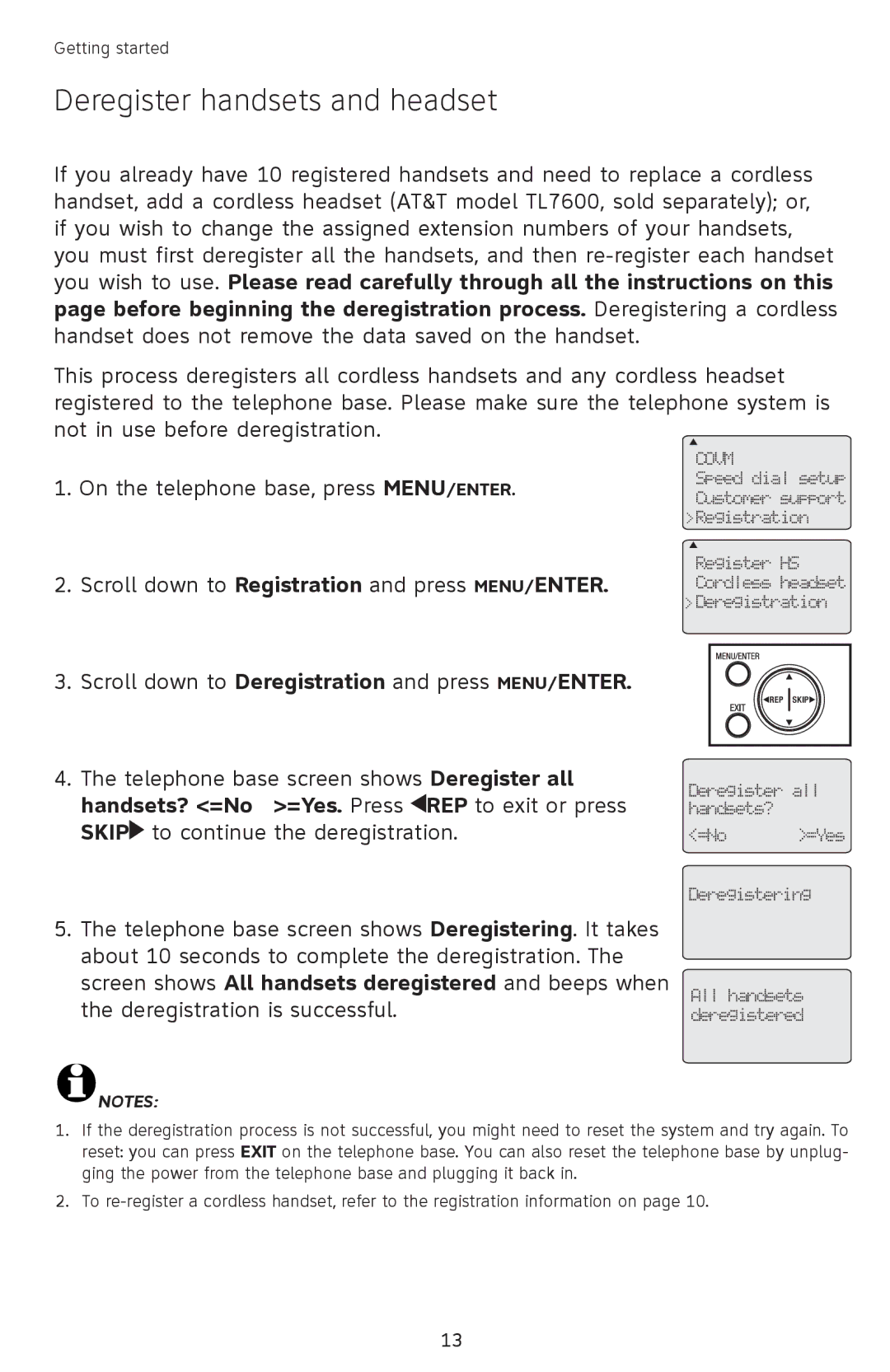 AT&T SB67118 user manual Deregister handsets and headset 