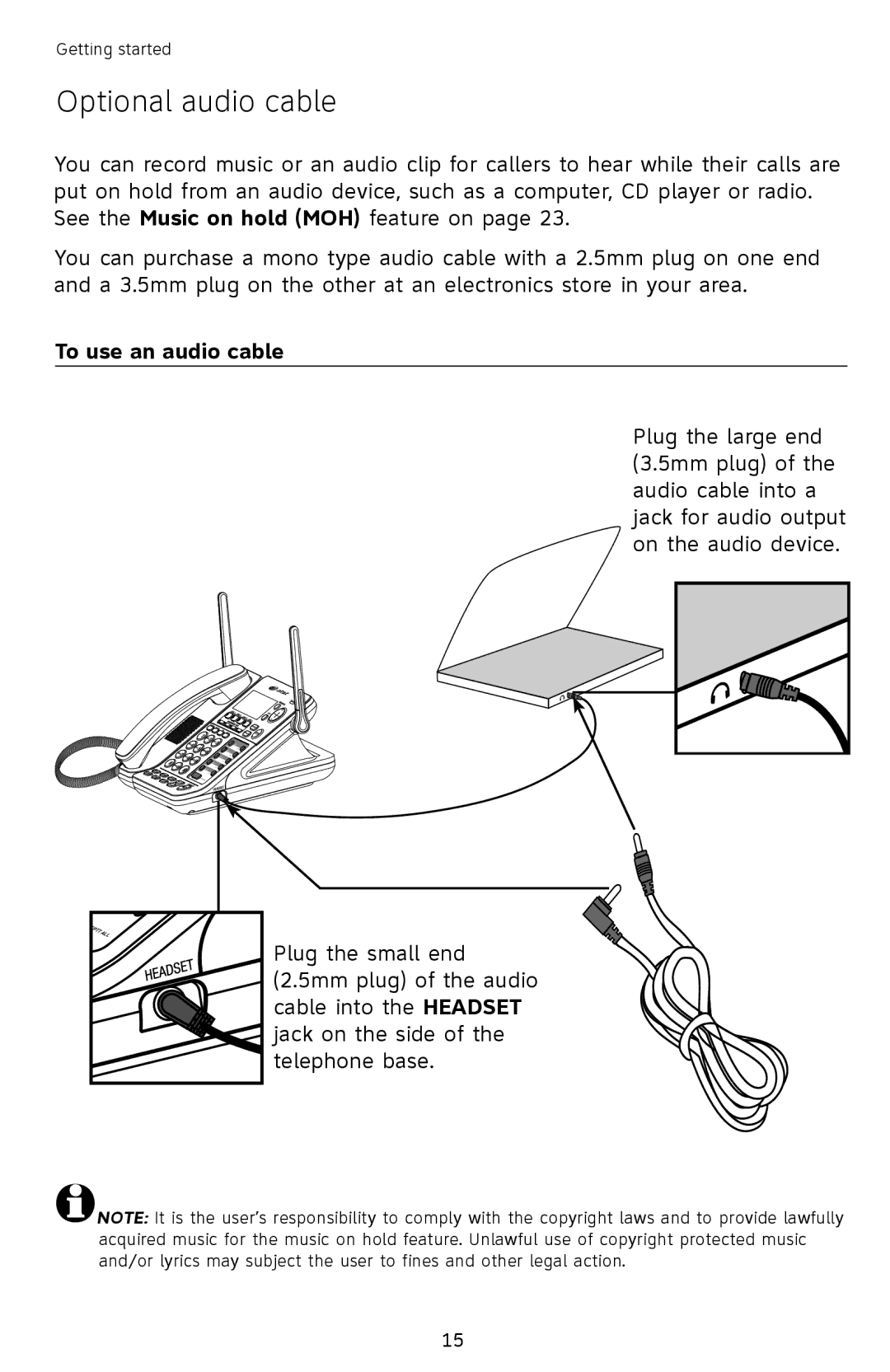 AT&T SB67118 user manual Optional audio cable, To use an audio cable 