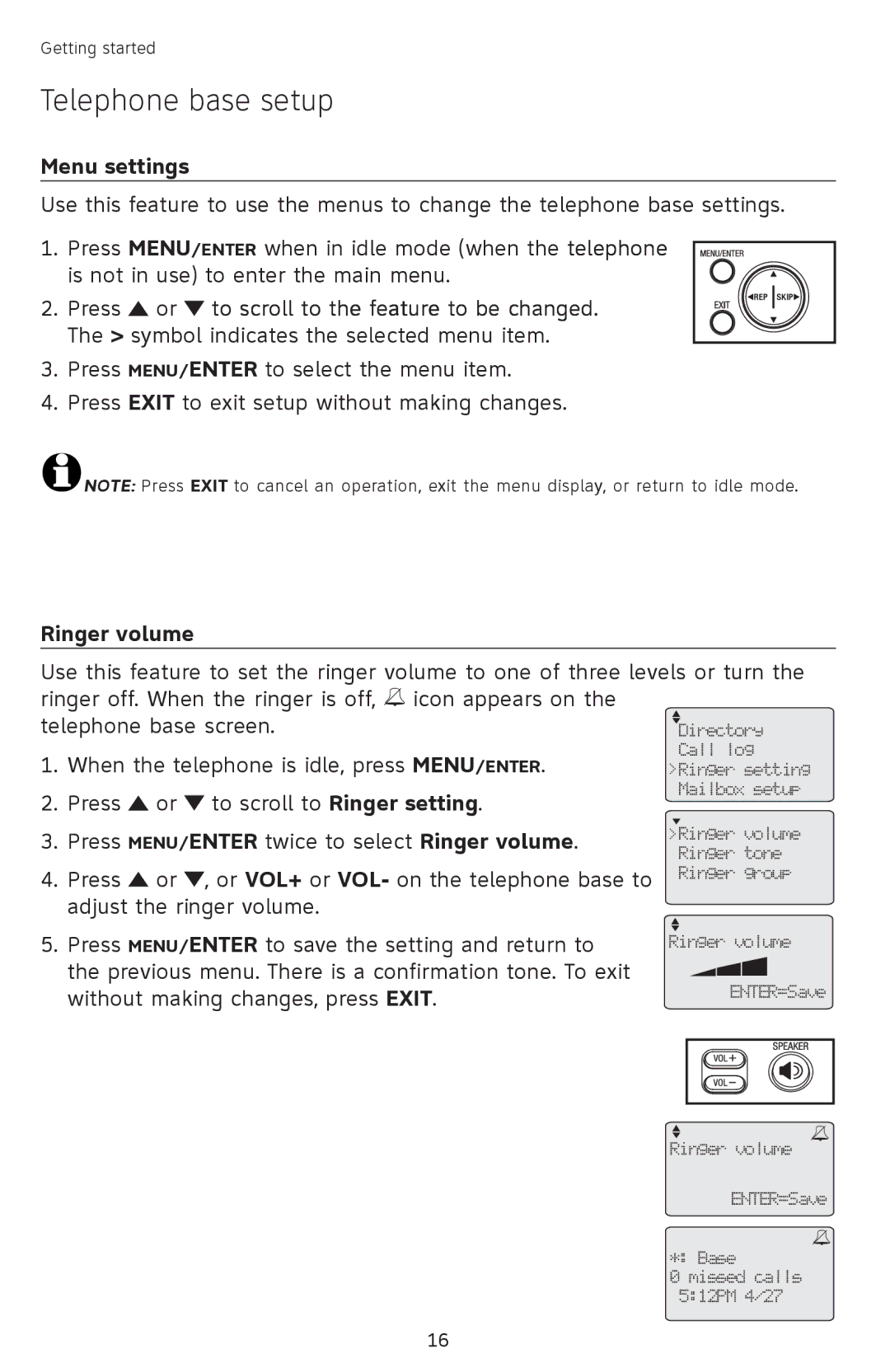 AT&T SB67118 user manual Telephone base setup, Menu settings, Ringer volume 