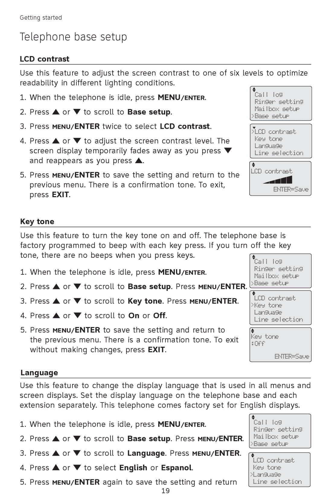 AT&T SB67118 user manual LCD contrast, Key tone, Language 