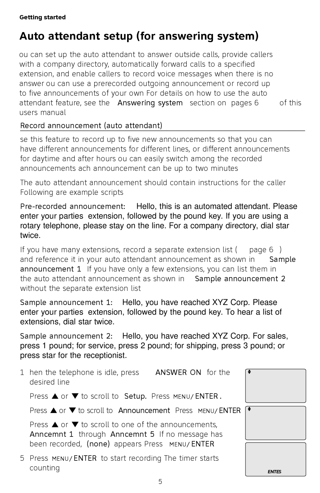 AT&T SB67118 user manual Auto attendant setup for answering system, Record announcement auto attendant 