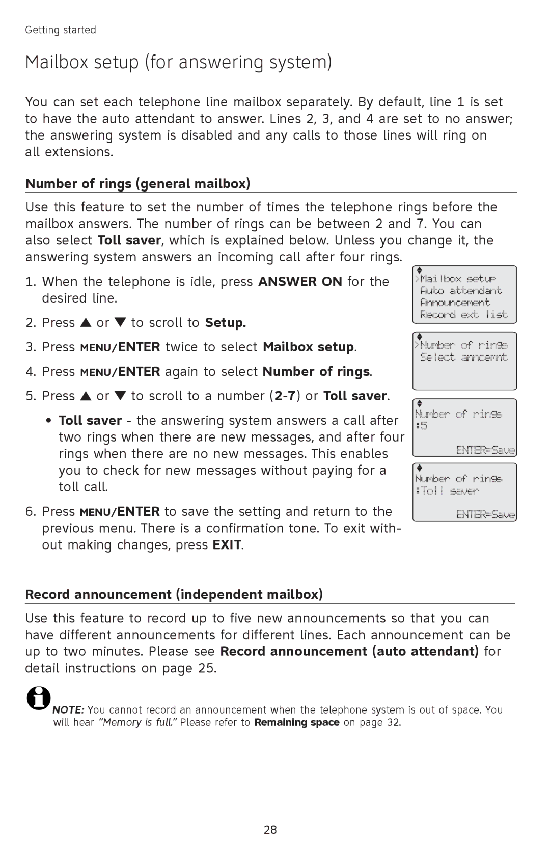 AT&T SB67118 Mailbox setup for answering system, Number of rings general mailbox, Record announcement independent mailbox 