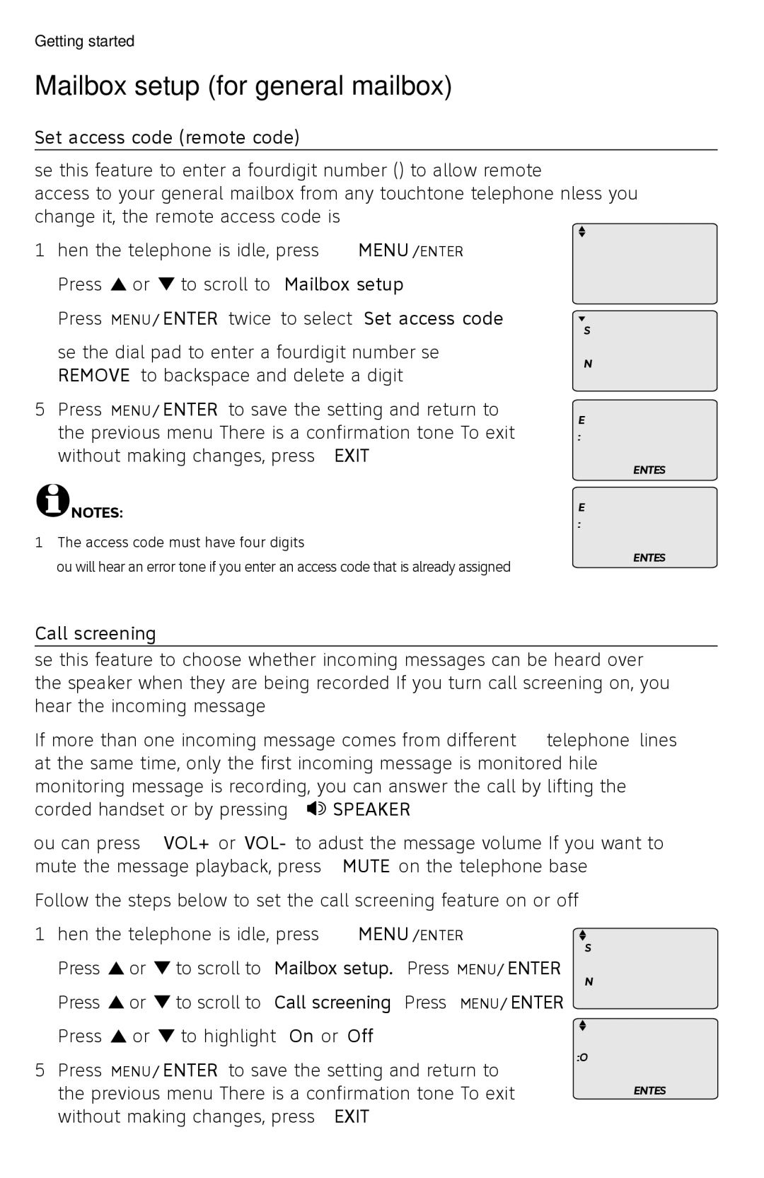 AT&T SB67118 user manual Mailbox setup for general mailbox, Set access code remote code, Call screening 