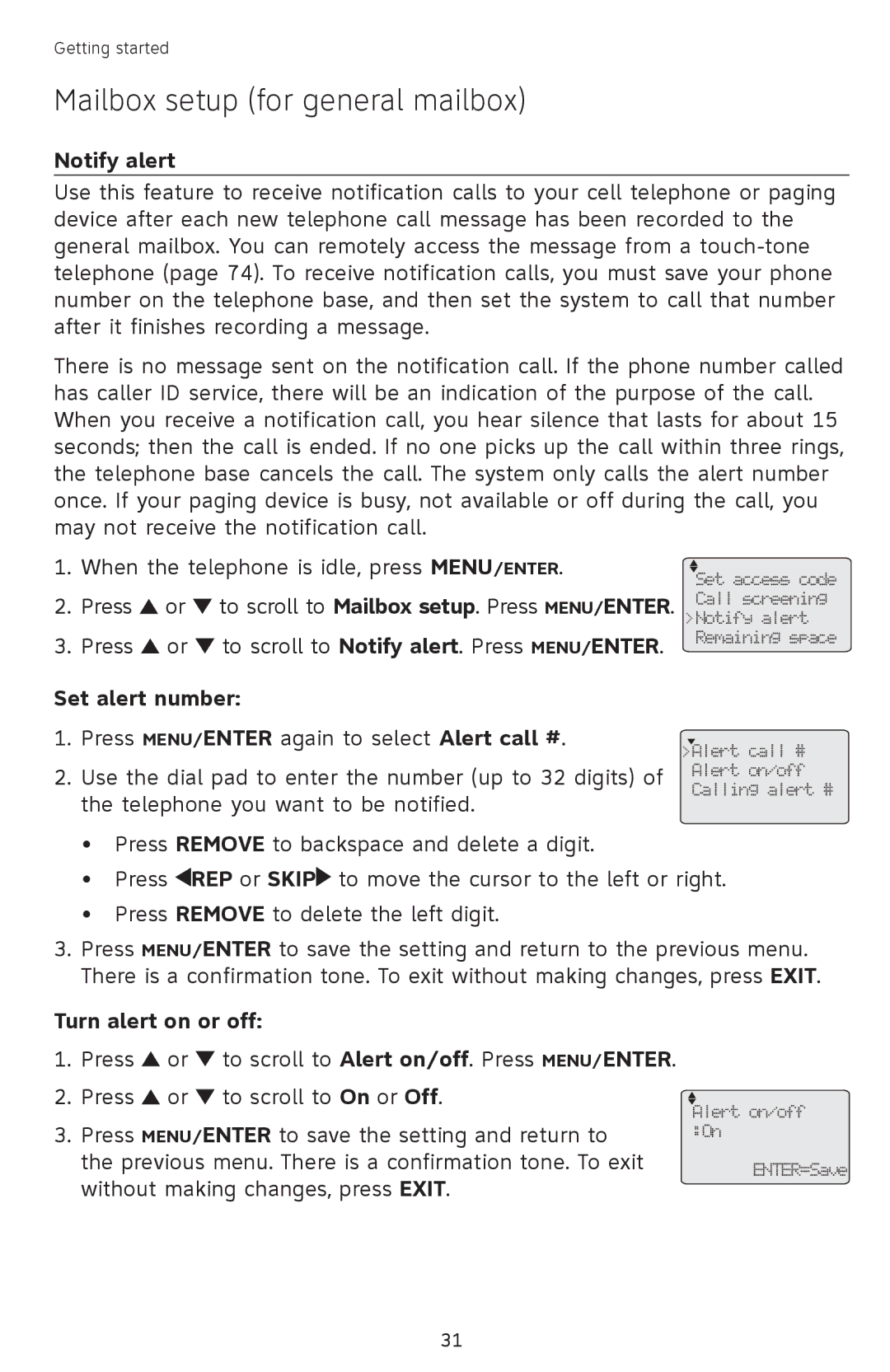 AT&T SB67118 user manual Notify alert, Set alert number, Turn alert on or off 