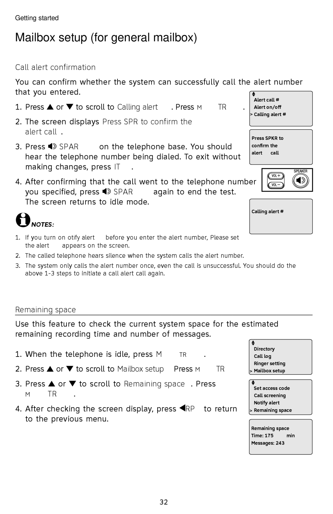 AT&T SB67118 user manual Call alert confirmation, Screen displays Press Spkr to confirm the alert call, Remaining space 