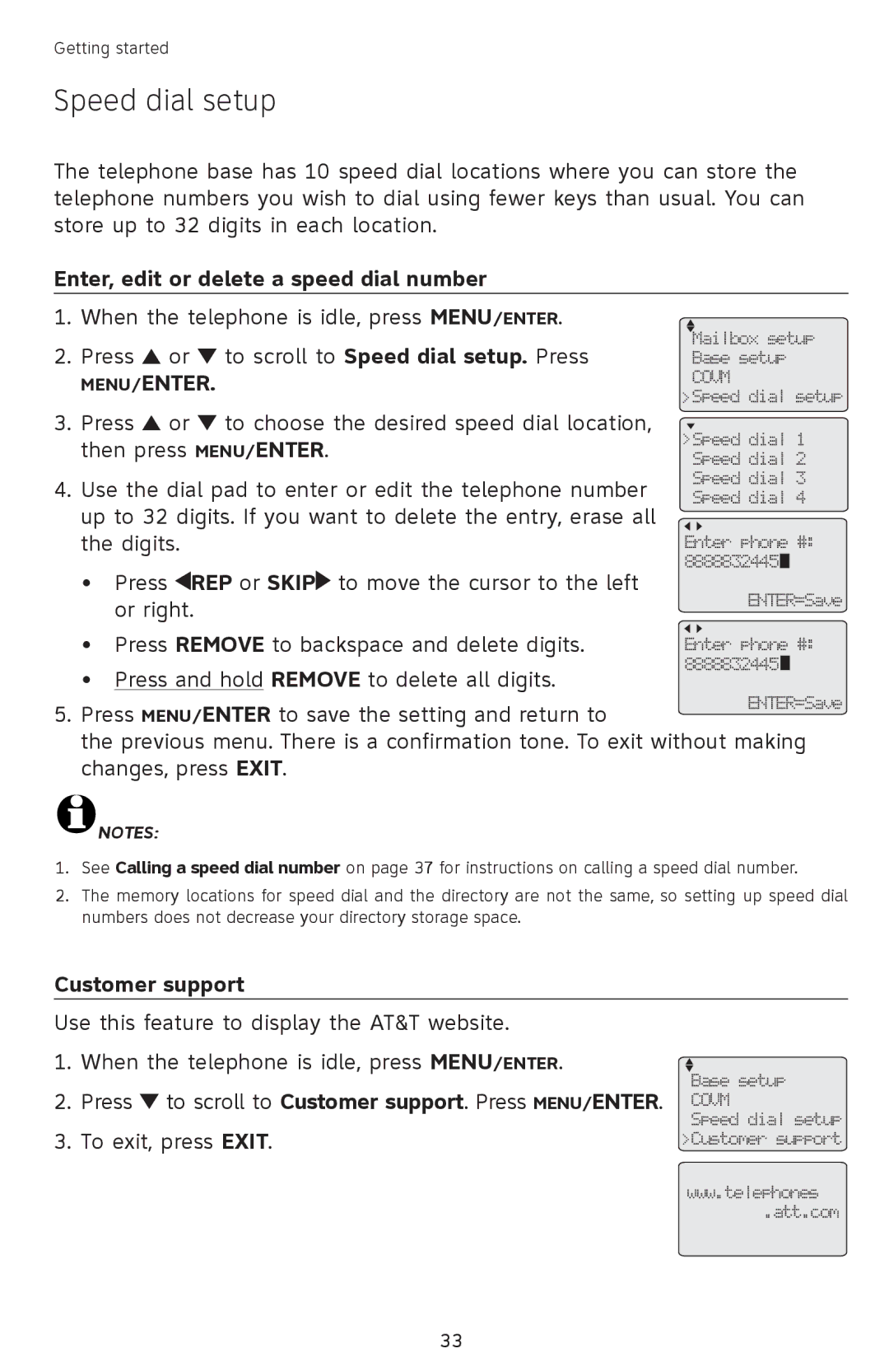 AT&T SB67118 user manual Speed dial setup, Enter, edit or delete a speed dial number, Customer support 