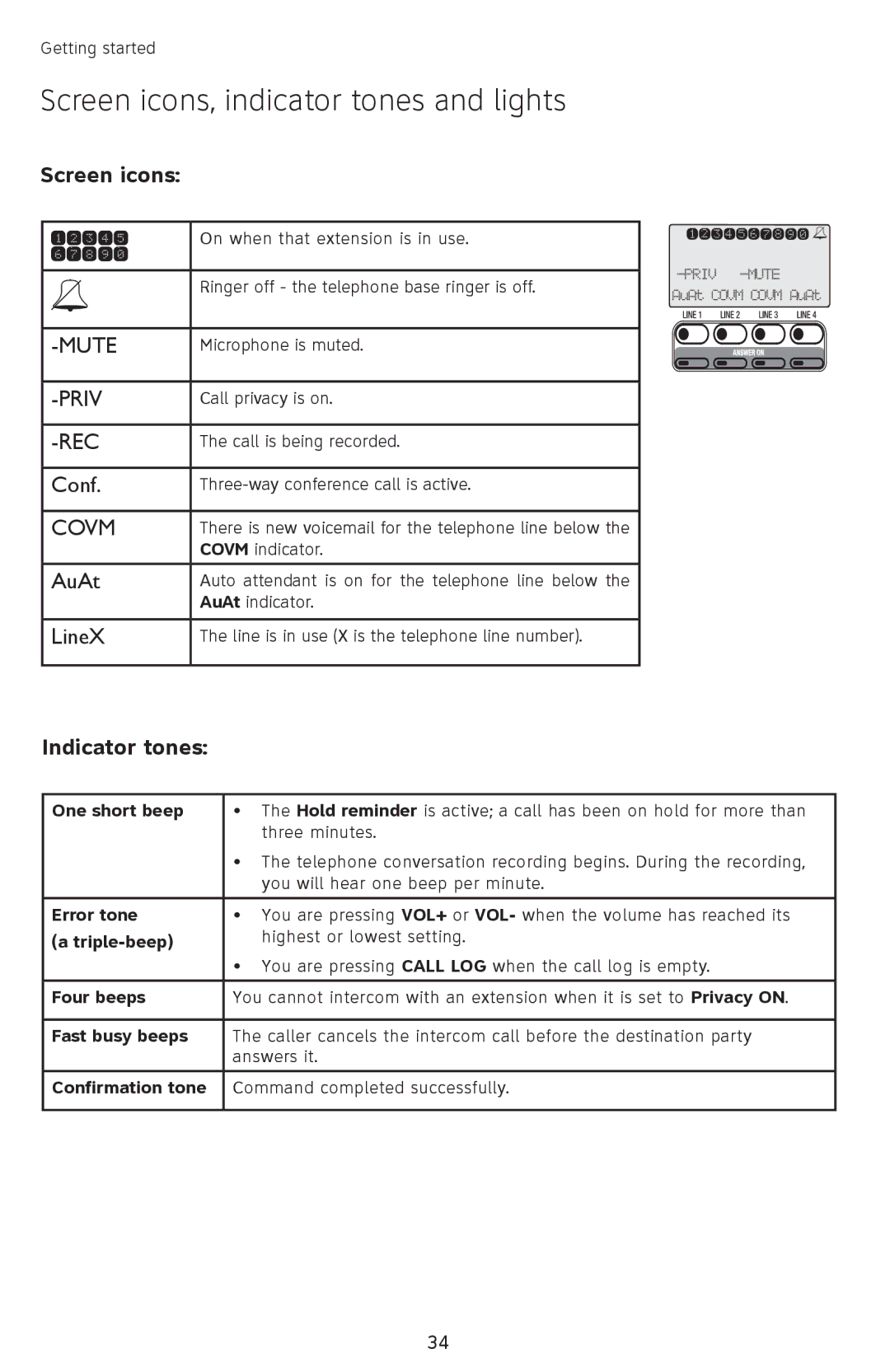 AT&T SB67118 user manual Screen icons, indicator tones and lights, Indicator tones 