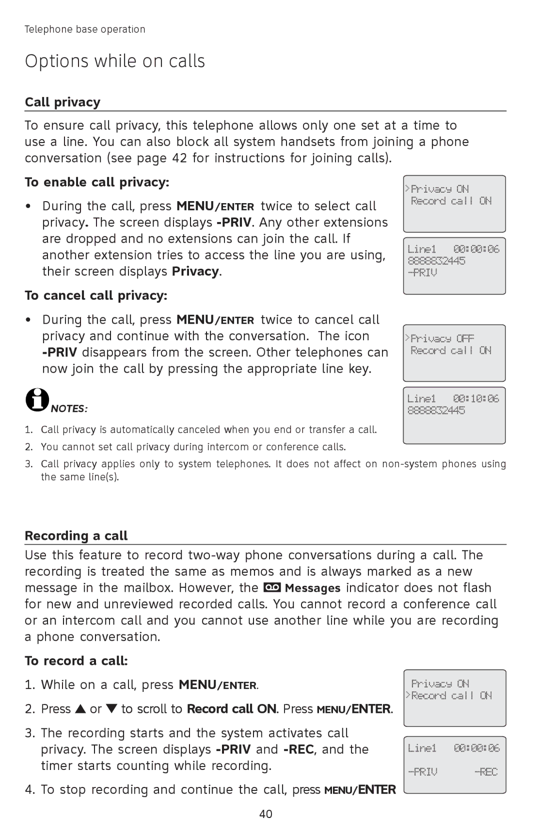 AT&T SB67118 user manual Call privacy, To enable call privacy, To cancel call privacy, Recording a call, To record a call 