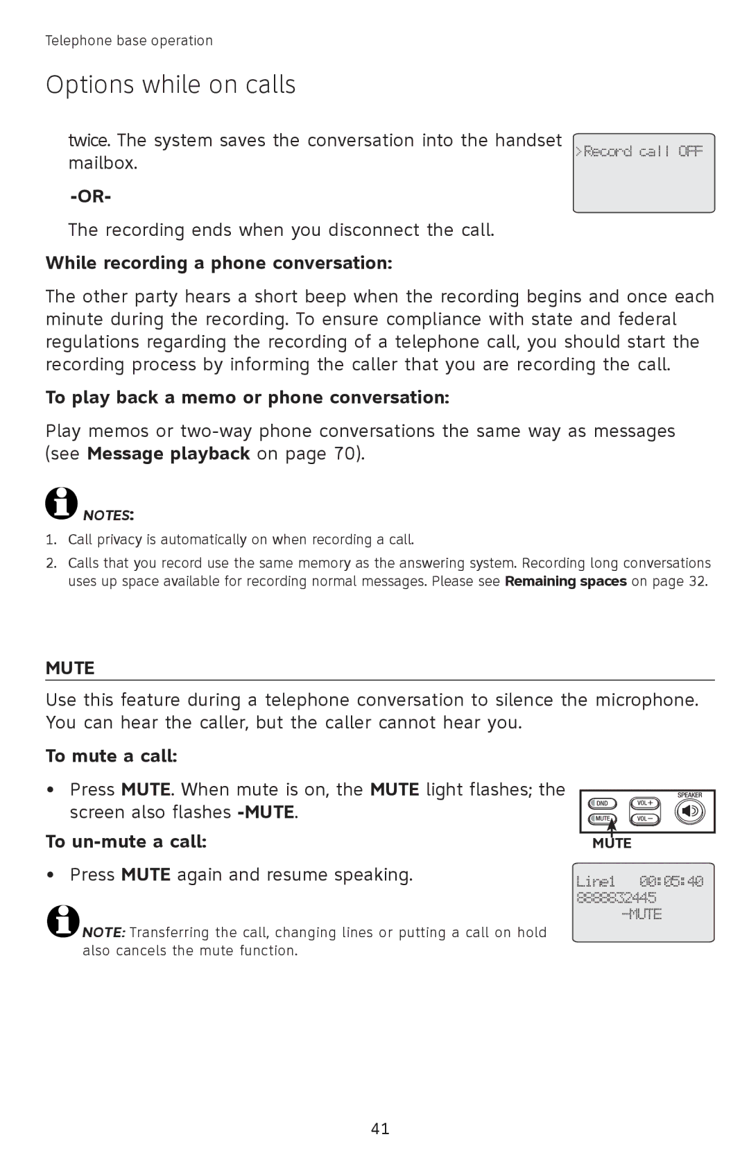 AT&T SB67118 user manual While recording a phone conversation, To play back a memo or phone conversation, To mute a call 