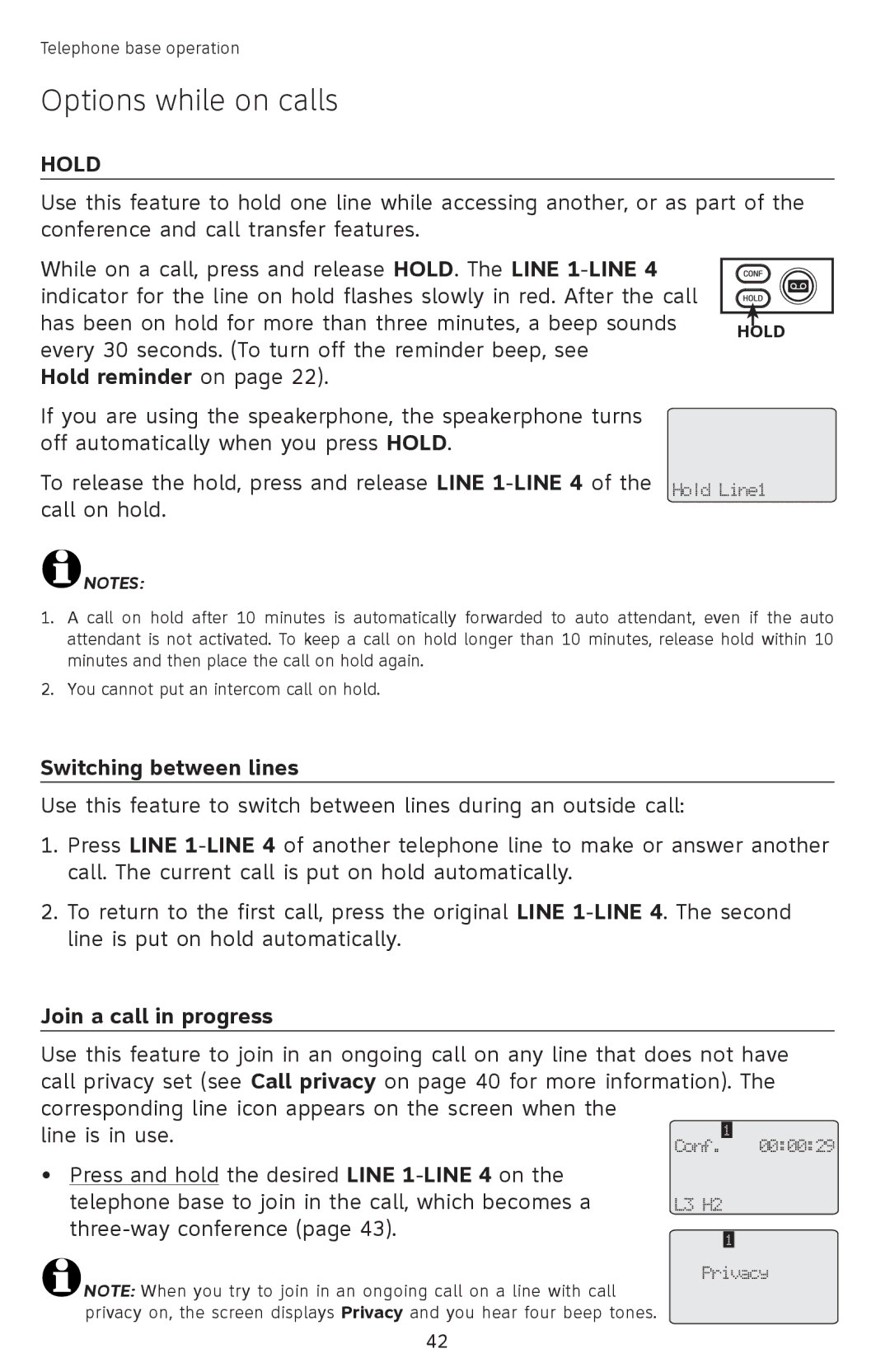 AT&T SB67118 user manual Hold reminder on, Switching between lines, Join a call in progress 