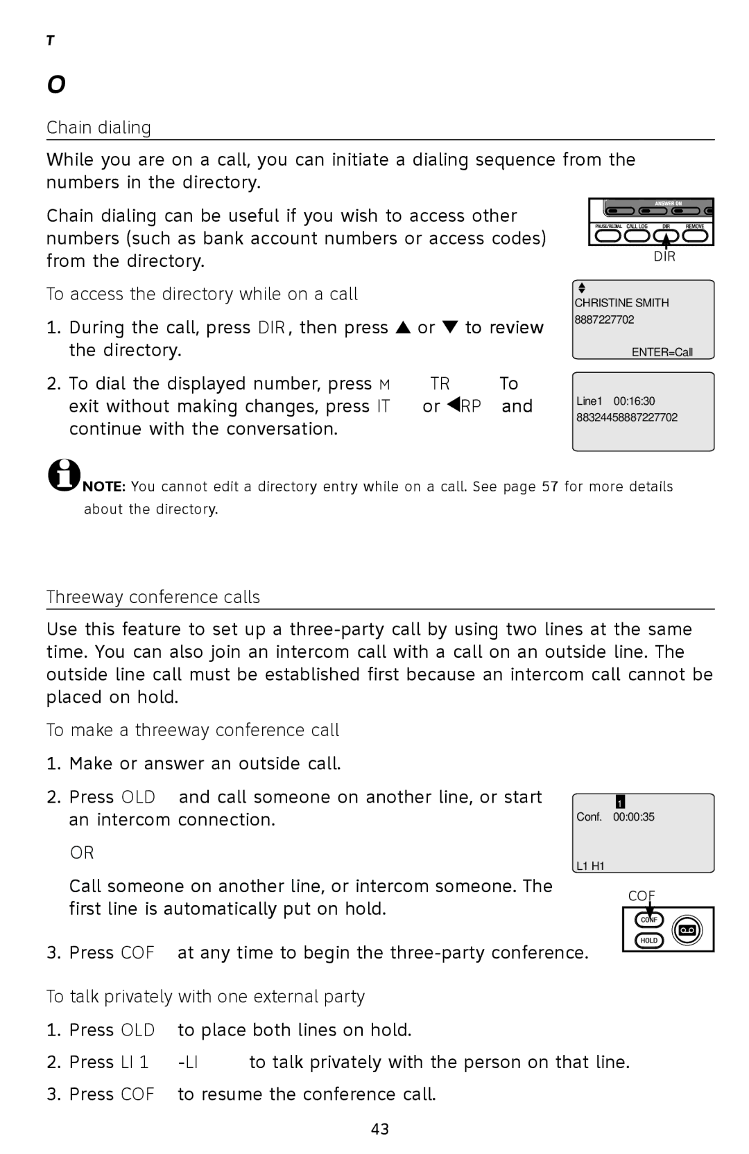 AT&T SB67118 user manual Chain dialing, To access the directory while on a call, Three-way conference calls 