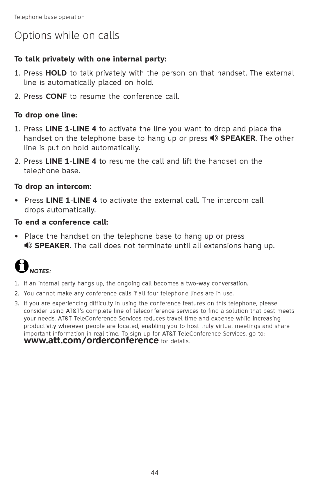 AT&T SB67118 To talk privately with one internal party, To drop one line, To drop an intercom, To end a conference call 