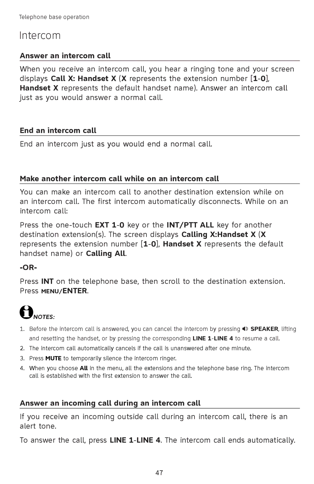 AT&T SB67118 user manual Answer an intercom call, Answer an incoming call during an intercom call 